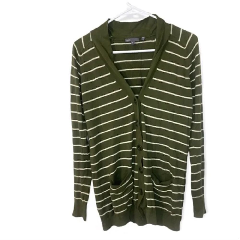 vince green and white stripped v-neck button down cardigan
